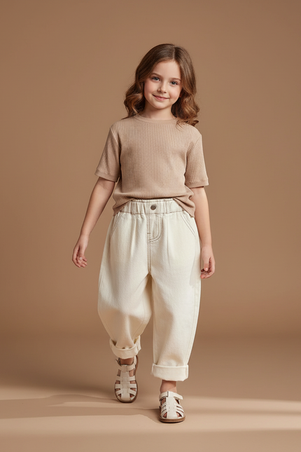 Pantalon Baggy Crème Ample Coton Enfant - Beige