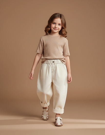 Pantalon Baggy Crème Ample Coton Enfant - Beige