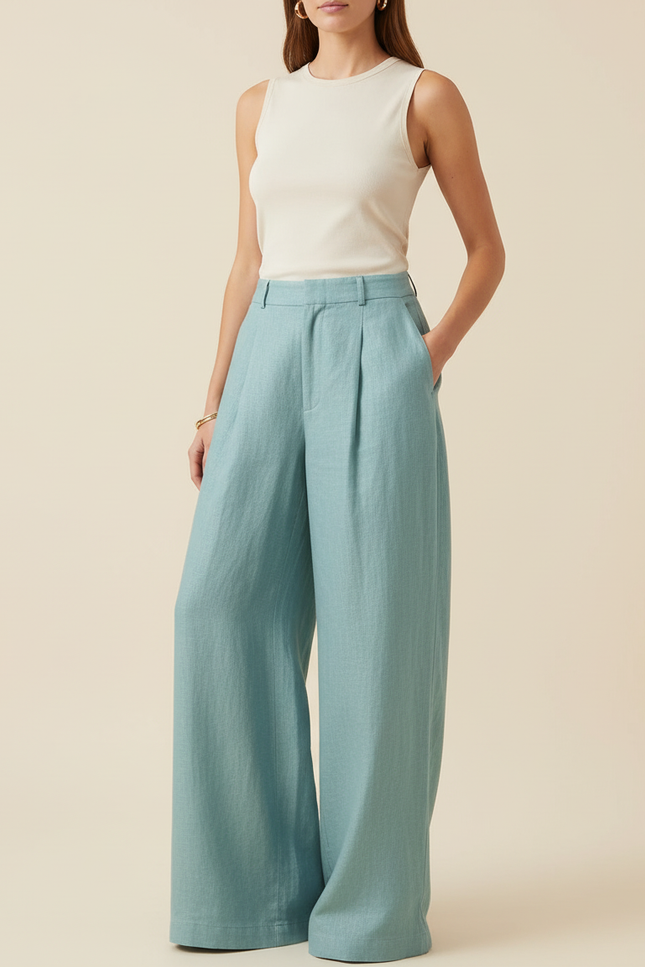 Pantalon Baggy Bleu Ciel Lin Ample Plissé Femme