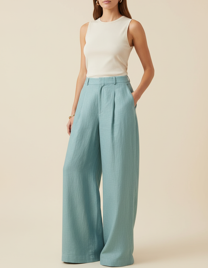 Pantalon Baggy Bleu Ciel Lin Ample Plissé Femme