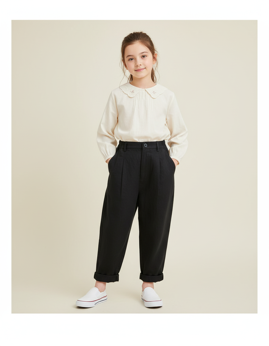 Pantalon Baggy Noir Ample Plissé Coton Enfant