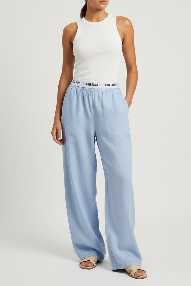Pantalon Baggy Bleu Clair Ample Taille Haute Fluide - Lin