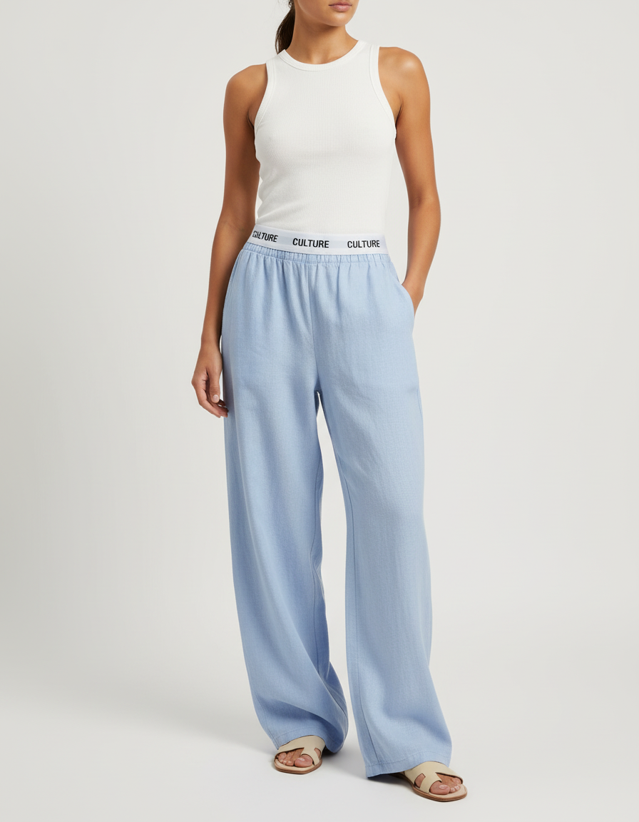 Pantalon Baggy Bleu Clair Ample Taille Haute Fluide - Lin