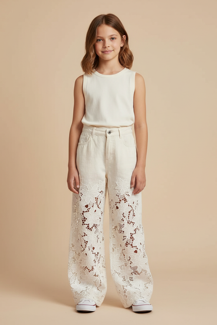 Pantalon Baggy Beige Ample Dentelle Floral Enfant - Jean