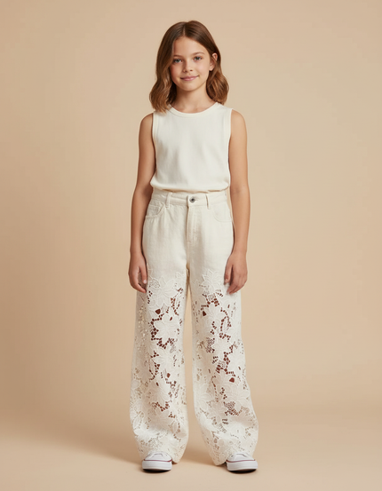 Pantalon Baggy Beige Ample Dentelle Floral Enfant - Jean
