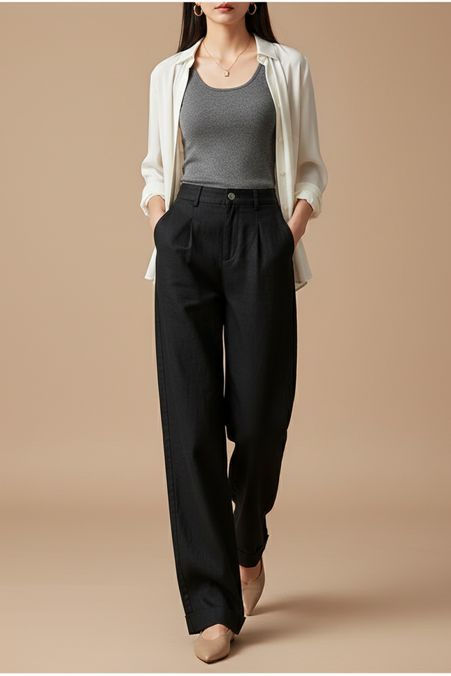 Pantalon Baggy Noir Ample Plissé Fluide Élégant - Viscose