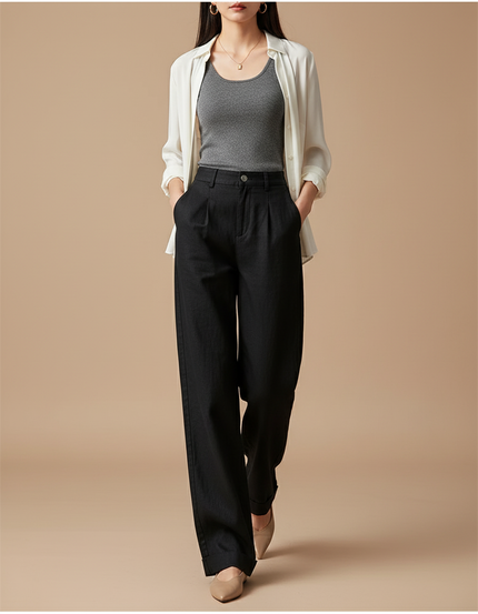 Pantalon Baggy Noir Ample Plissé Fluide Élégant - Viscose
