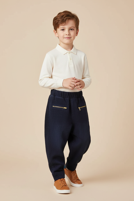 Pantalon Baggy Marine Côtelé Zippé Ample Enfant - Molleton