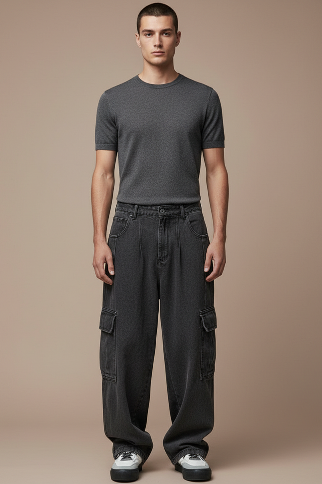 Pantalon Baggy Cargo Gris Foncé Ample Plissé Homme - Jean