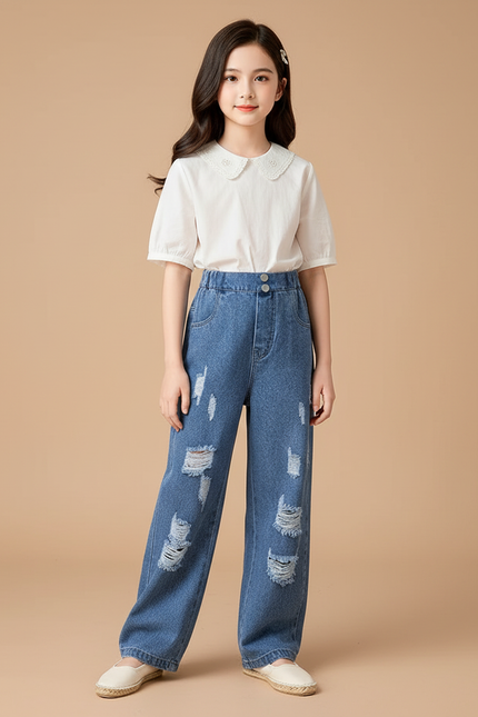 Pantalon Baggy Denim Bleu Ample Déchiré Fille - Jean