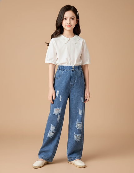 Pantalon Baggy Denim Bleu Ample Déchiré Fille - Jean