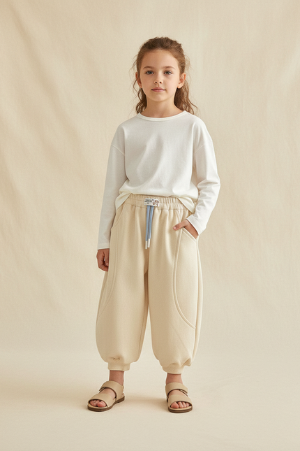 Pantalon Baggy Beige Ample Molleton Confortable Enfant