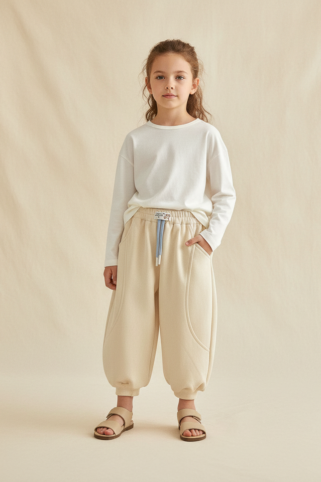 Pantalon Baggy Beige Ample Molleton Confortable Enfant