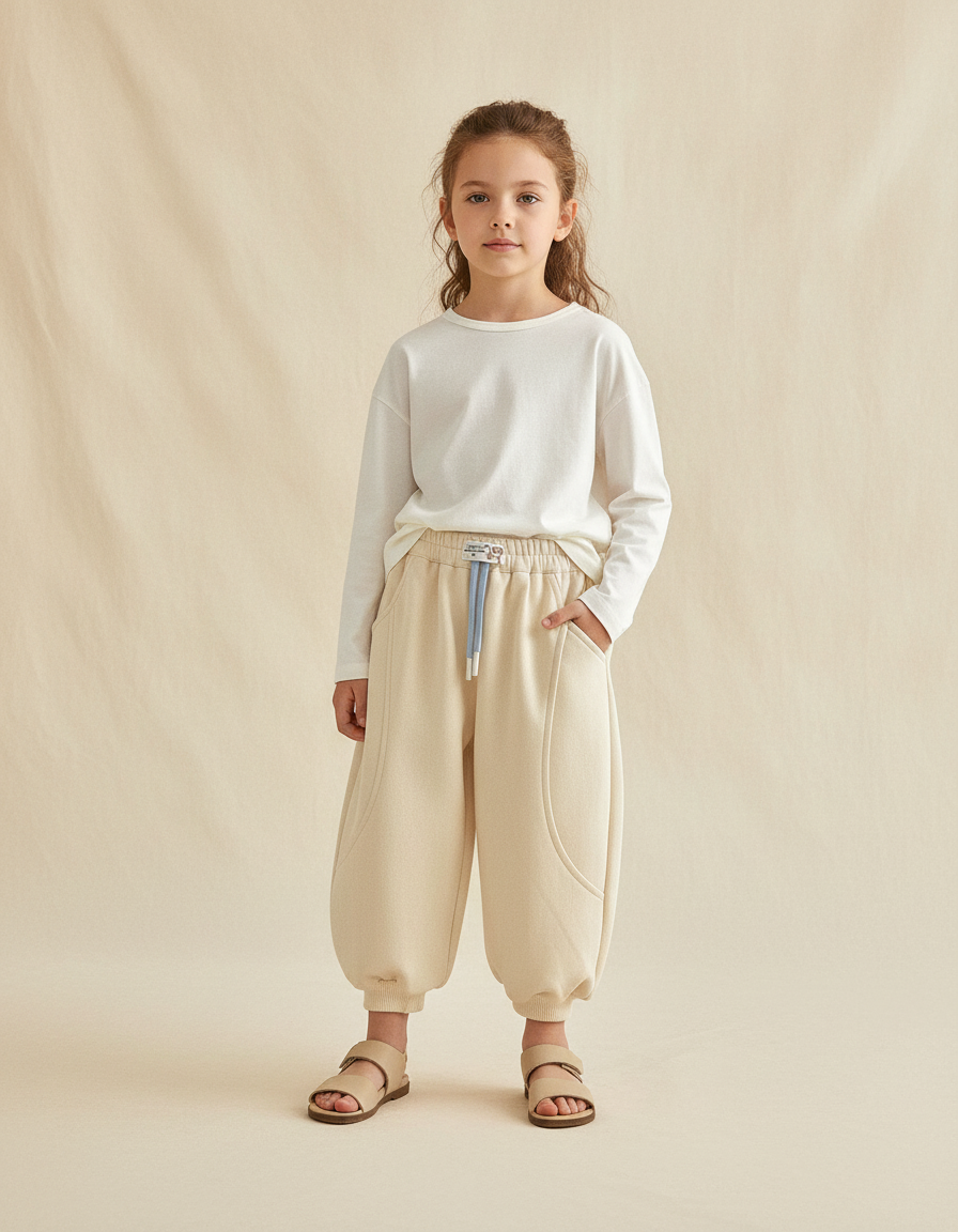 Pantalon Baggy Beige Ample Molleton Confortable Enfant