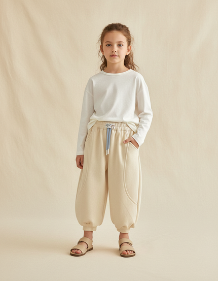 Pantalon Baggy Beige Ample Molleton Confortable Enfant