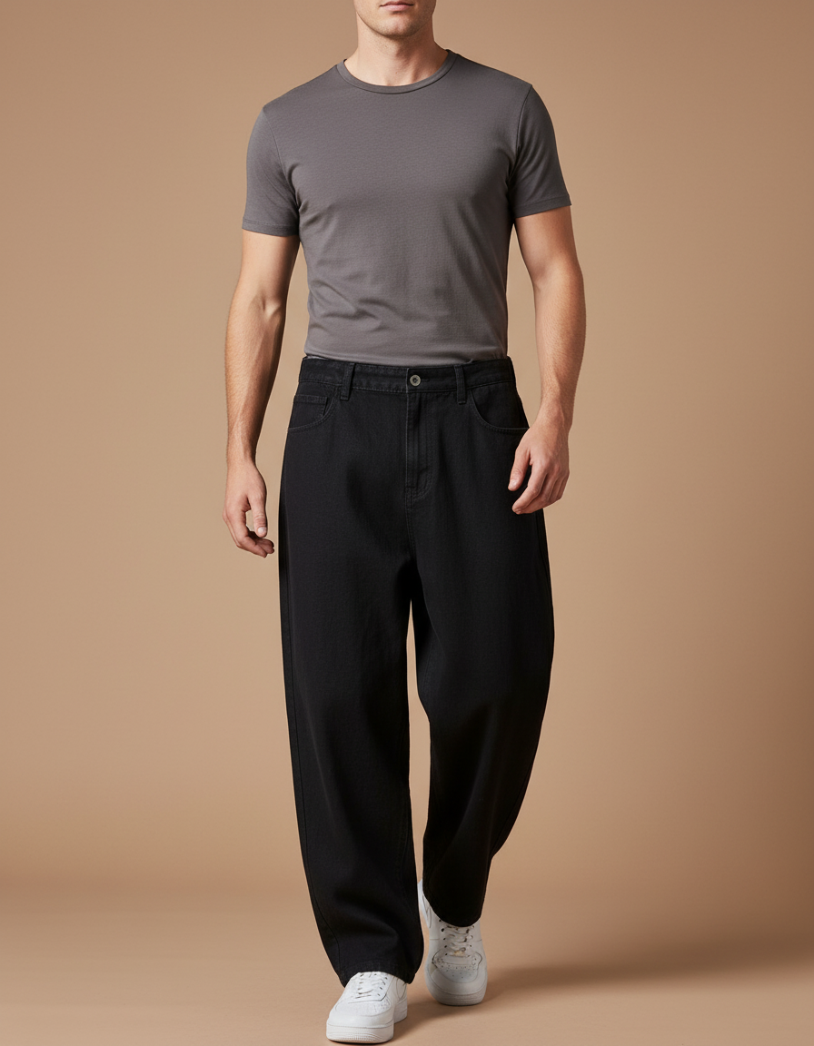 Pantalon Baggy Noir Ample Décontracté Jean Homme