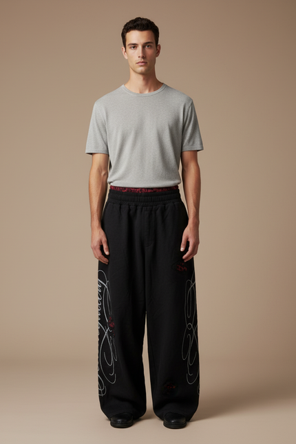 Pantalon Baggy Noir Ample Brodé Streetwear Homme - Molleton