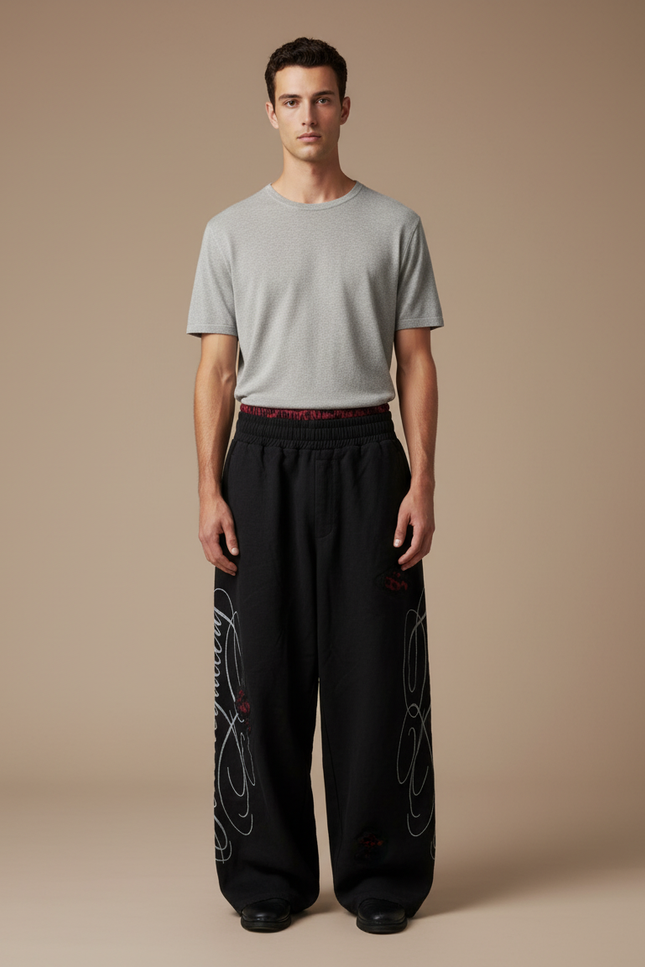 Pantalon Baggy Noir Ample Brodé Streetwear Homme - Molleton