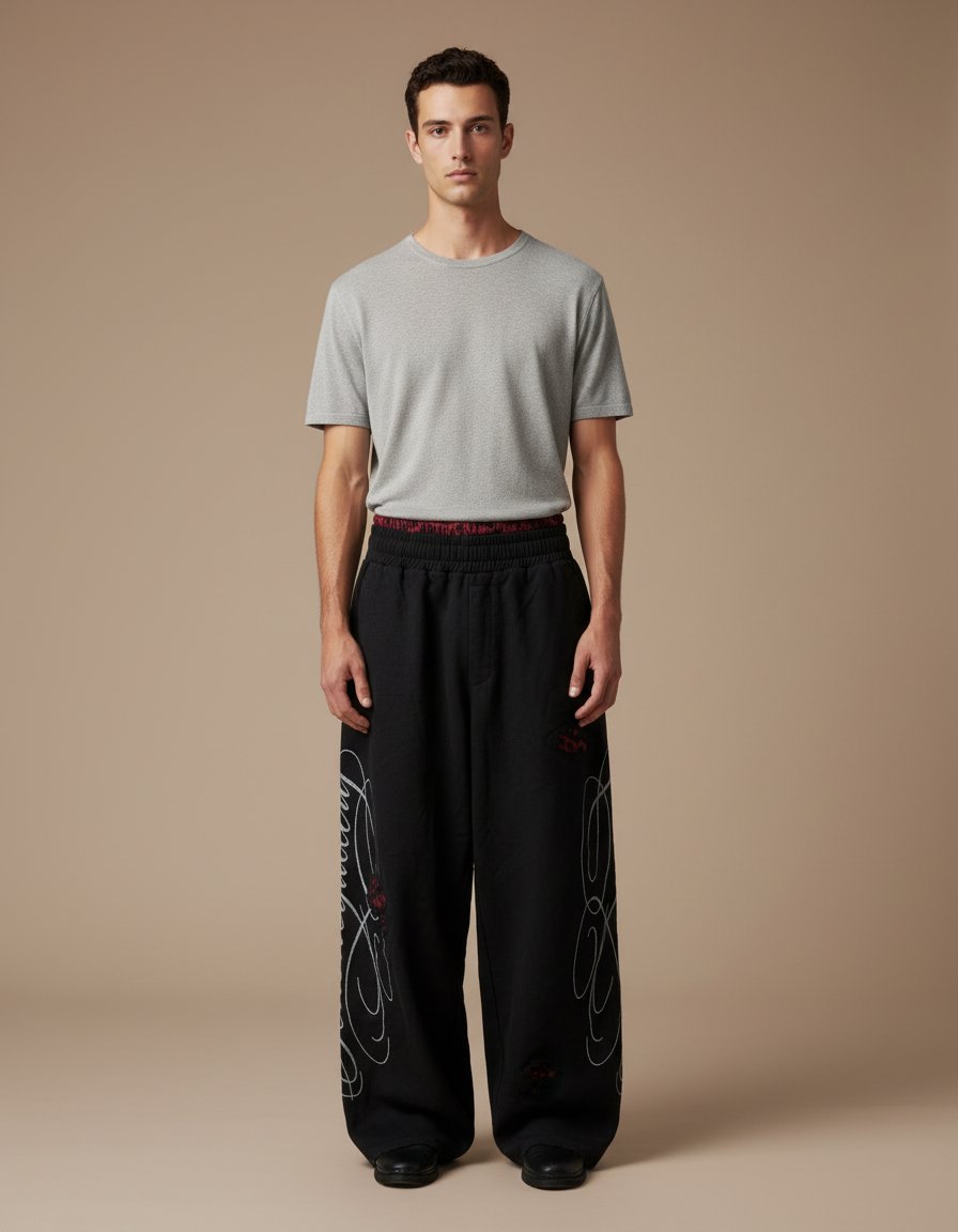 Pantalon Baggy Noir Ample Brodé Streetwear Homme - Molleton
