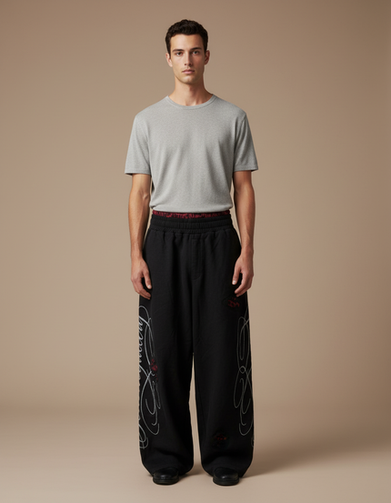 Pantalon Baggy Noir Ample Brodé Streetwear Homme - Molleton