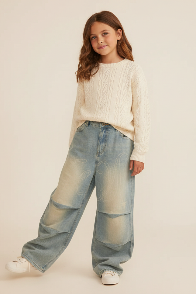 Pantalon Baggy Denim Clair Ample Droit Imprimé - Bleu Jean
