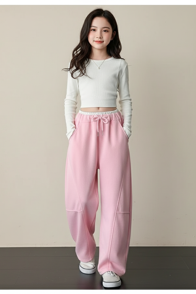 Pantalon Baggy Rose Ample Molletonné Cordon Fille
