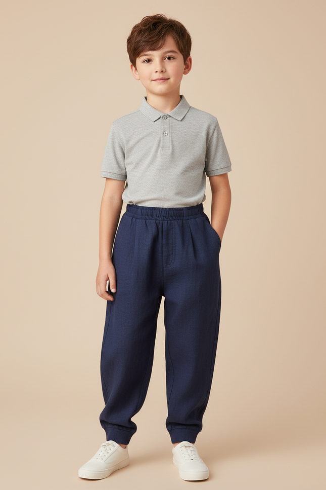 Pantalon Baggy Marine Ample Élastiqué Décontracté Garçon - Lin