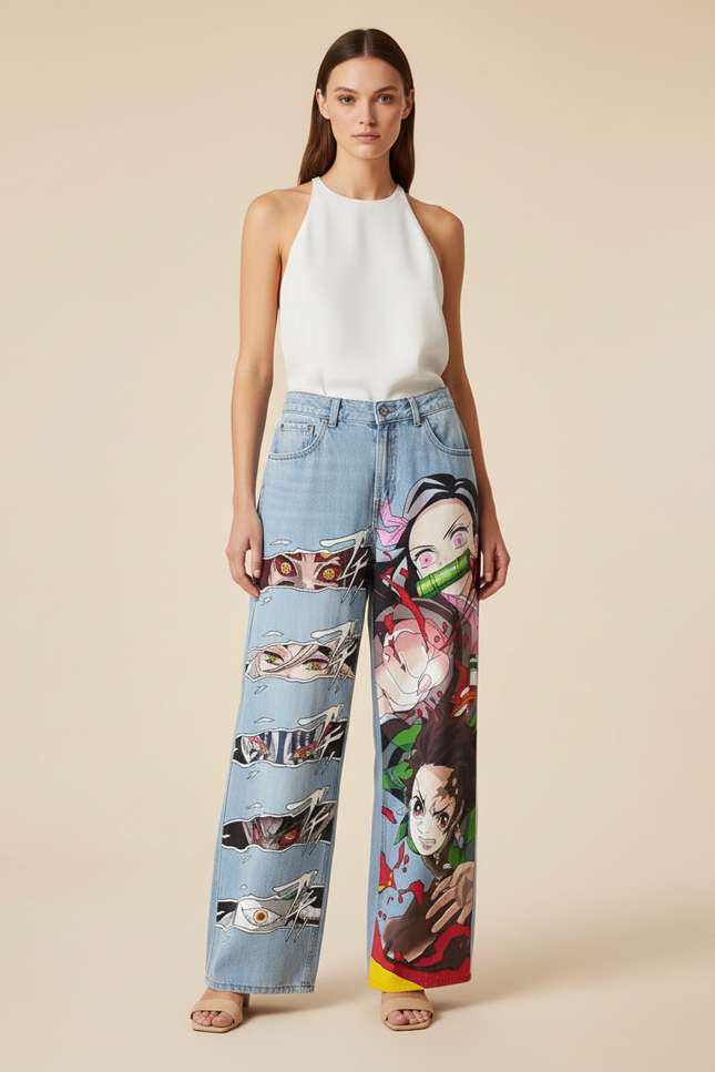 Pantalon Baggy Jean Clair Ample Manga Déchiré Femme - Bleu