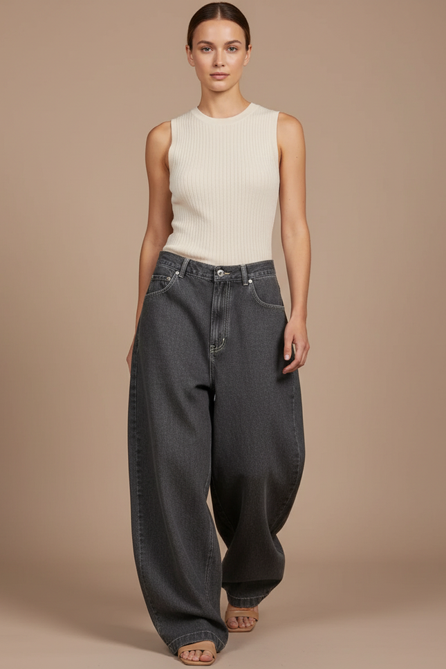 Pantalon Baggy Gris Denim Ample Large Décontracté - Jean