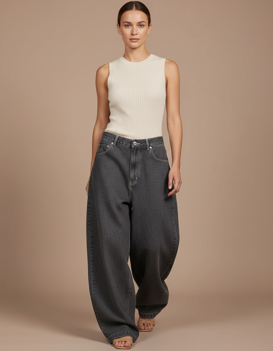 Pantalon Baggy Gris Denim Ample Large Décontracté - Jean