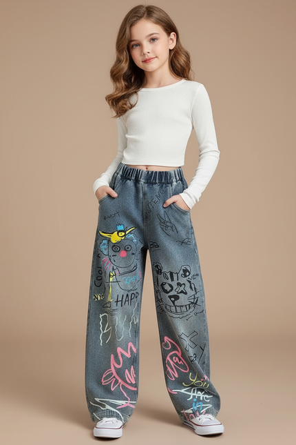 Pantalon Baggy Jean Graffiti Ample Décontracté Fille - Bleu