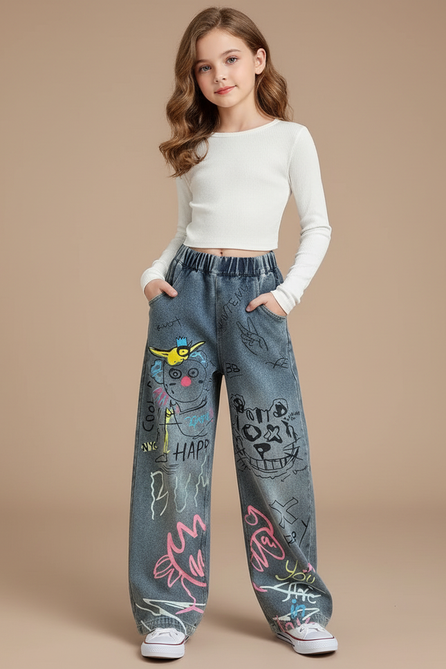 Pantalon Baggy Jean Graffiti Ample Décontracté Fille - Bleu