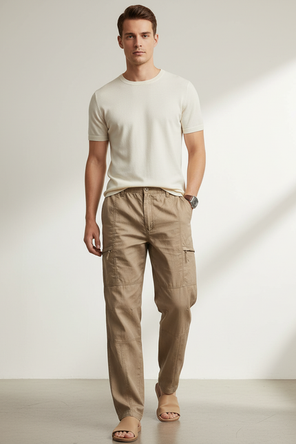 Pantalon Baggy Kaki Coton Cargo Ample Homme Décontracté