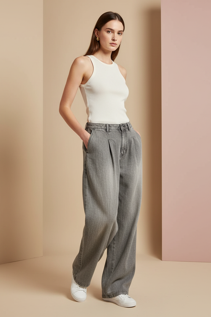 Pantalon Baggy Gris Plissé Ample Taille Haute Femme - Jean