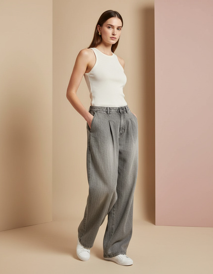 Pantalon Baggy Gris Plissé Ample Taille Haute Femme - Jean