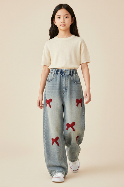 Pantalon Baggy Jean Denim Ample Nœuds Rouges Enfant - Bleu