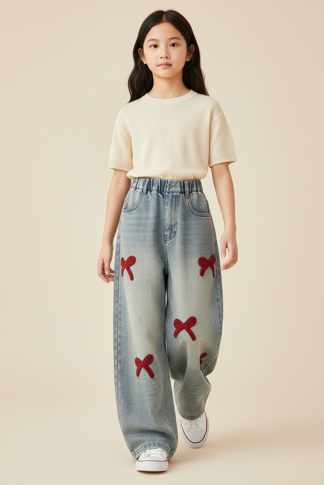 Pantalon Baggy Jean Denim Ample Nœuds Rouges Enfant - Bleu