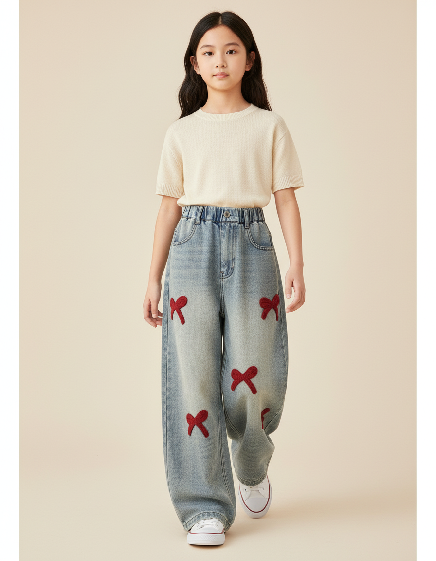 Pantalon Baggy Jean Denim Ample Nœuds Rouges Enfant - Bleu
