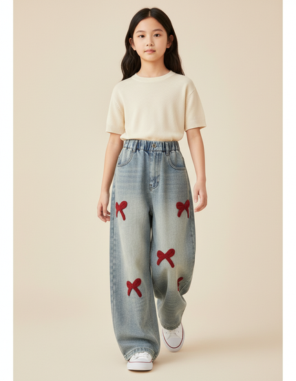 Pantalon Baggy Jean Denim Ample Nœuds Rouges Enfant - Bleu