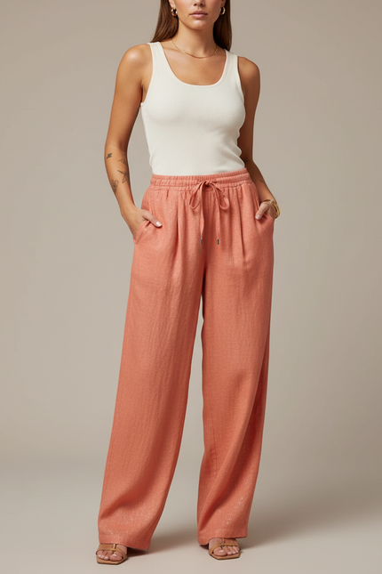 Pantalon Baggy Pêche Ample Fluide Brillant Cordon - Orange Lin