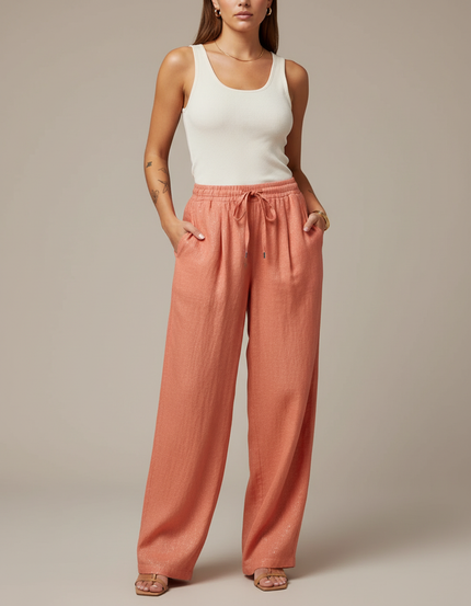 Pantalon Baggy Pêche Ample Fluide Brillant Cordon - Orange Lin