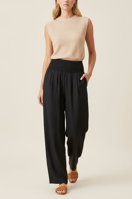 Pantalon Baggy Noir Ample Fluide Smocké Décontracté - Lin