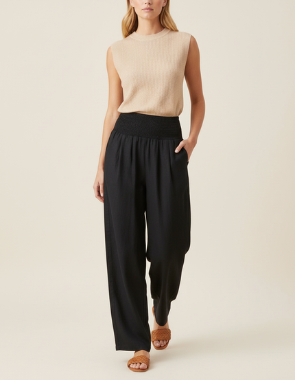 Pantalon Baggy Noir Ample Fluide Smocké Décontracté - Lin