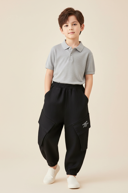 Pantalon Baggy Noir Cargo Ample Enfant Décontracté - Molleton