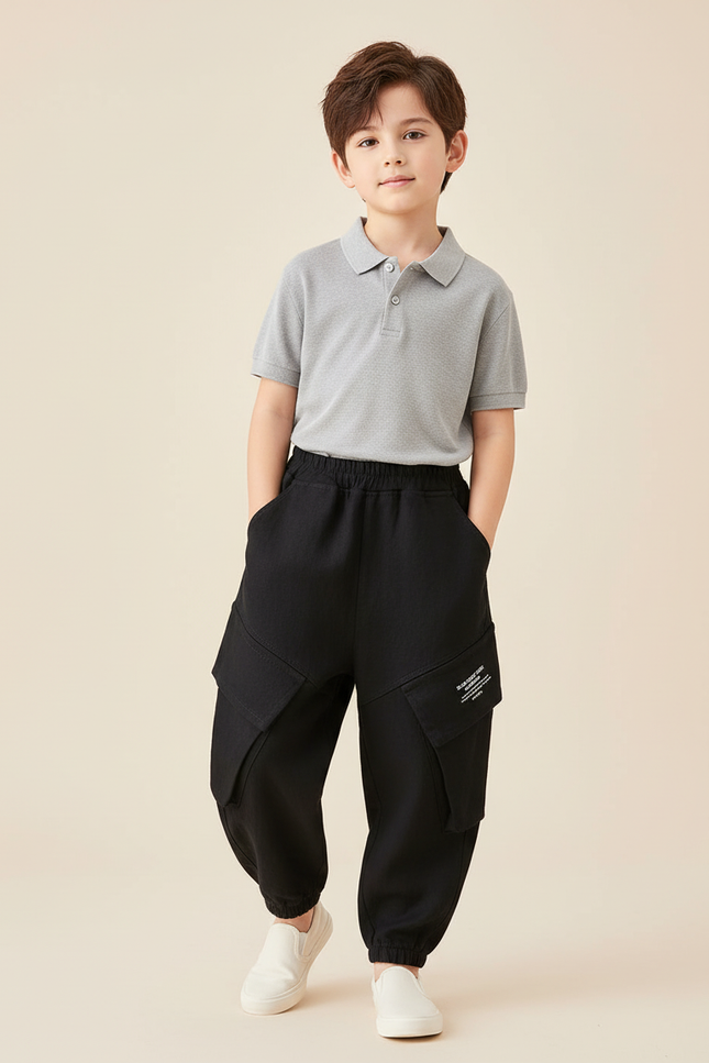 Pantalon Baggy Noir Cargo Ample Enfant Décontracté - Molleton