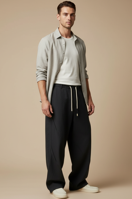 Pantalon Baggy Noir Ample Cordon Tissu Casual Homme - Lin