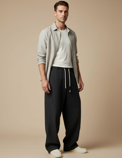 Pantalon Baggy Noir Ample Cordon Tissu Casual Homme - Lin