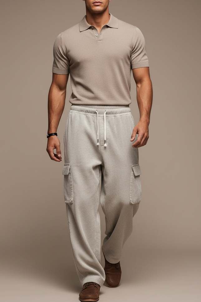 Pantalon Baggy Beige Côtelé Cargo Ample Décontracté Homme - Cordé