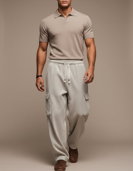 Pantalon Baggy Beige Côtelé Cargo Ample Décontracté Homme - Cordé
