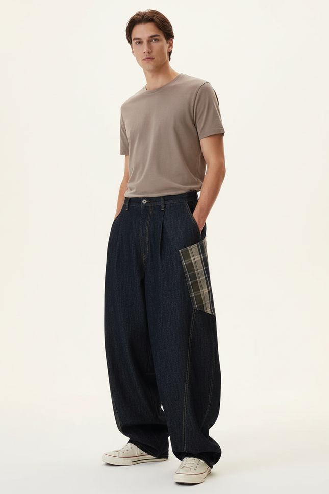 Pantalon Baggy Denim Large Plaid Unisexe - Marine Jean
